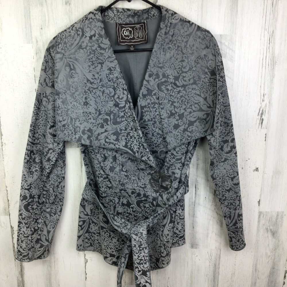 Chi By Falchi 100%  Leather Jacket Embossed Tie Waist Gray S Collar